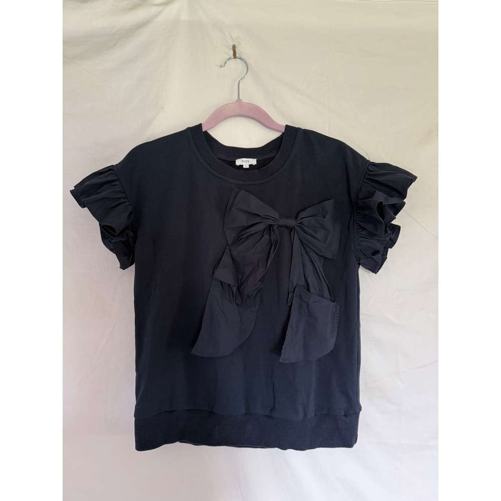 VOY Women's Navy Blue Oversized Bow Ruffle Sleeve Sweatshirt Top S Coquette